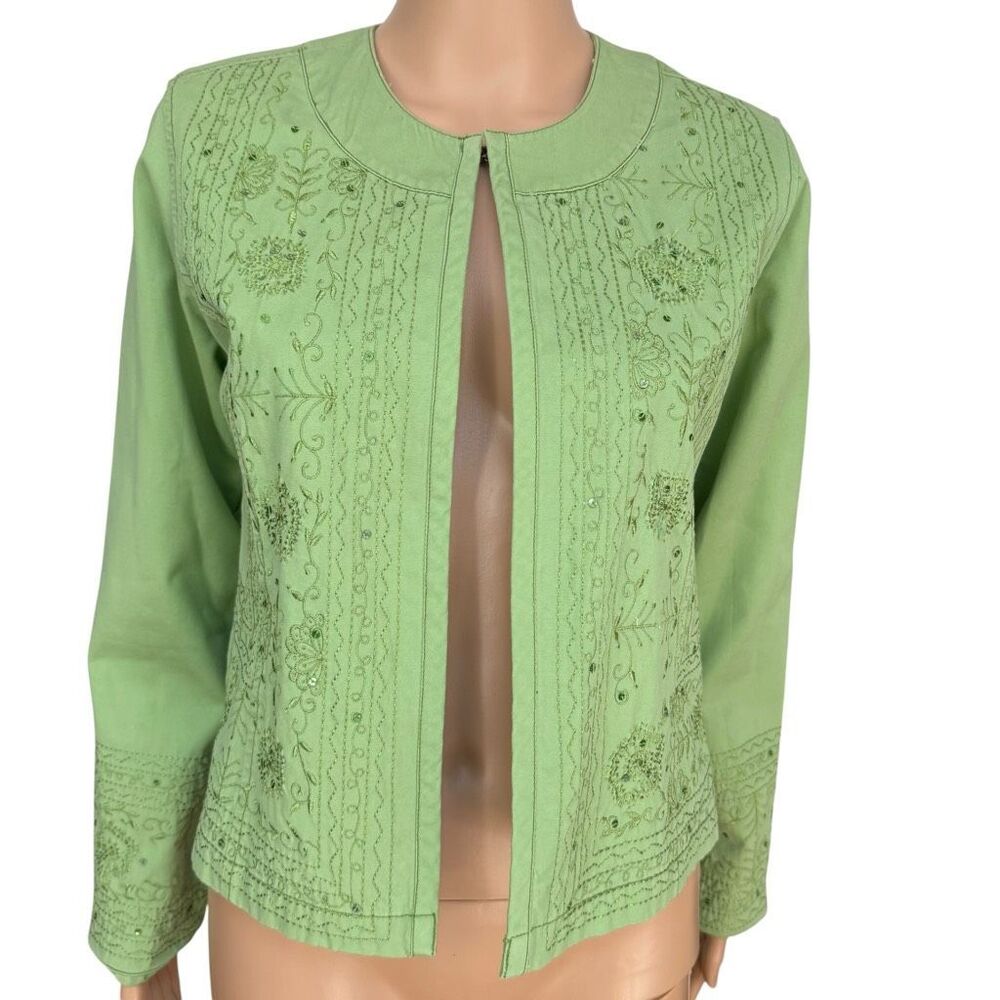 Chico's light green cotton open-front jacket embroidered sequin size 0/S